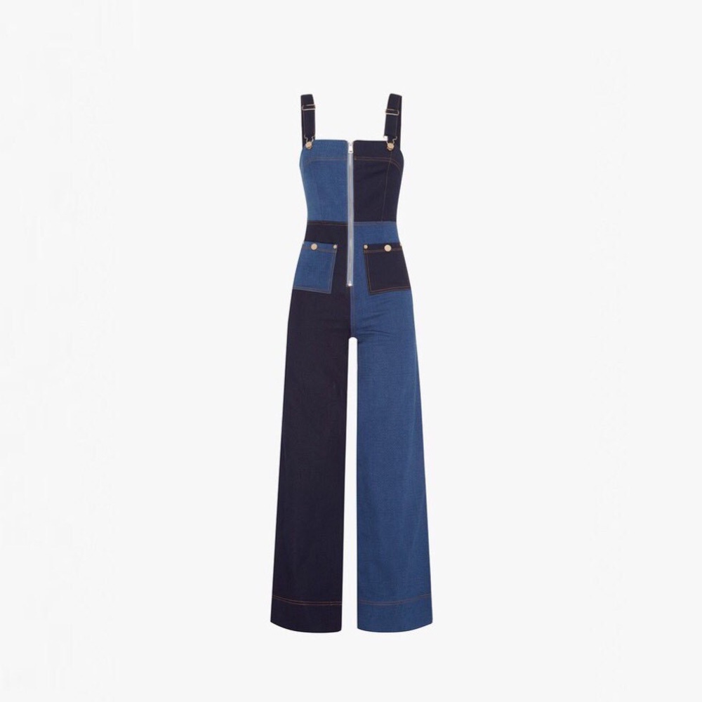 Alice McCall Quincy Patchwork Denim Overalls Jumpsuit Two Tone Wide Leg